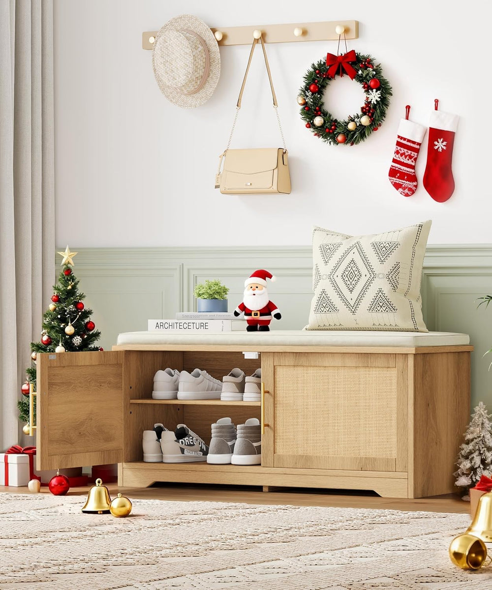 Rattan Shoe Storage Bench, 39.4" Wide Entryway Bench, Natural Oak