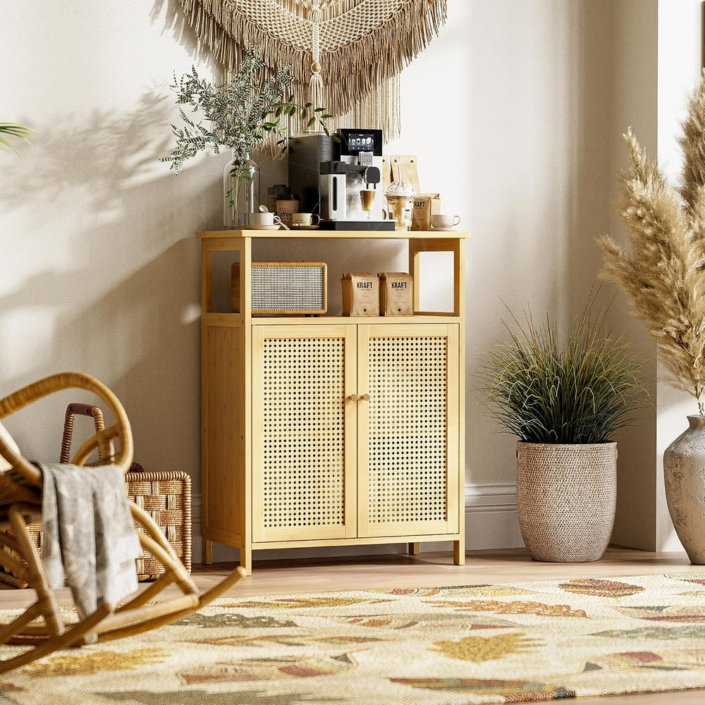 HITNET Rattan Bathroom Storage Cabinet, Bamboo Floor Cabinet with 2 Doors and...