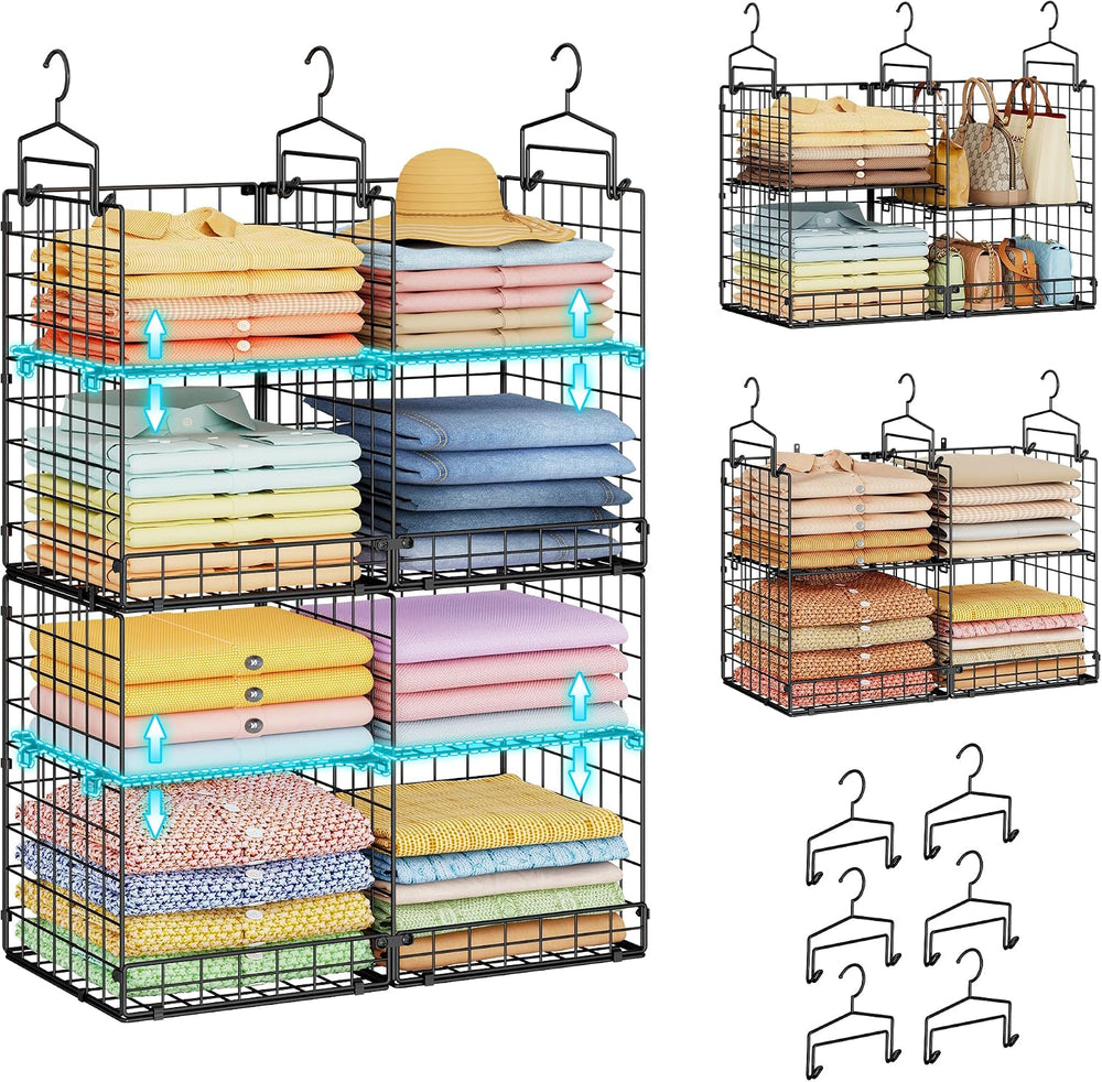 Hanging Closet Organizer with DIY Spacing, Double-Row Closet Hanging Shelves ...