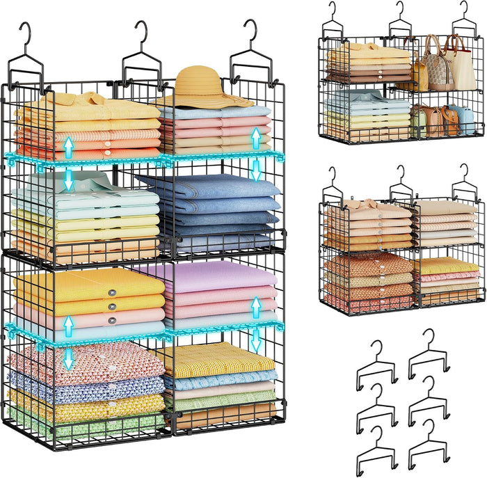 Hanging Closet Organizer with DIY Spacing, Double-Row Closet Hanging Shelves with 4 Adjustable Dividers & 6 Hooks, Heavy Duty Metal Closet Storage Organizer with Front Guard, Split into 2 Units