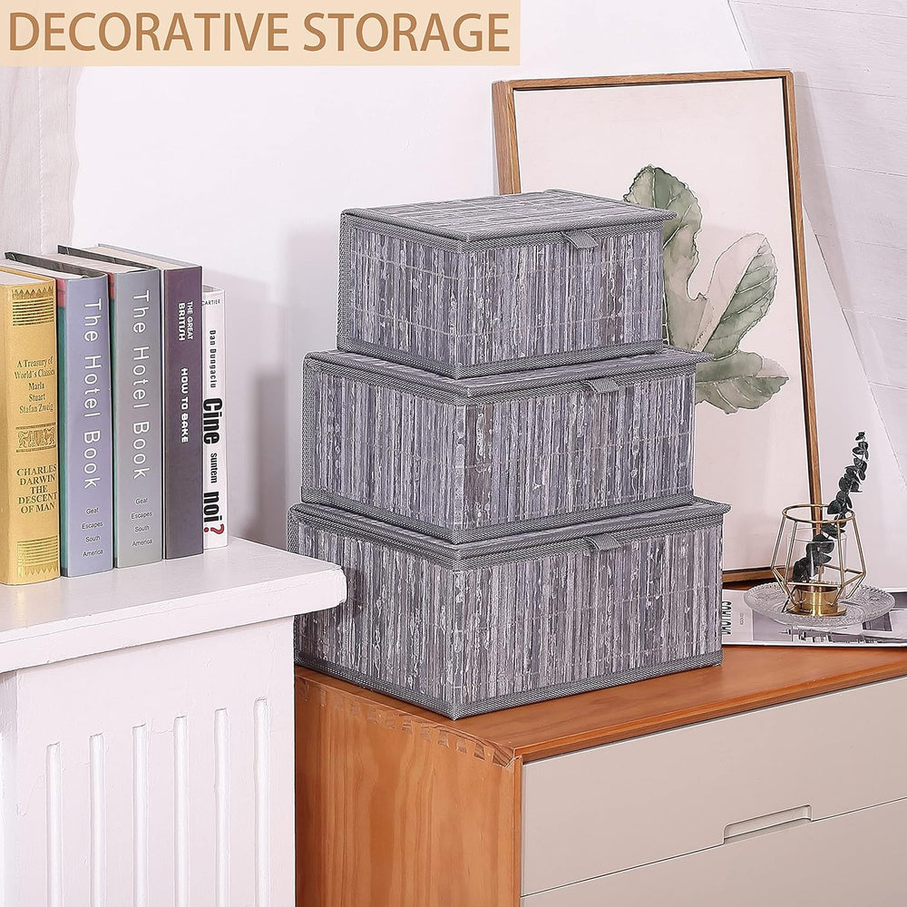 Honygebia Bamboo Decorative Storage Boxes - Set of 3 Woven Lined Storage Bask...