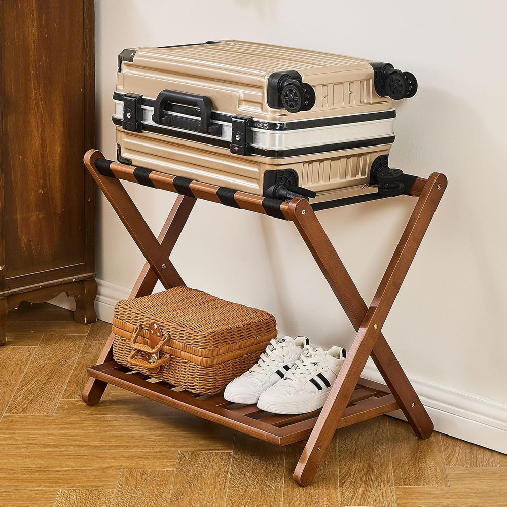 Fully Assembled Walnut Luggage Racks Set of 2, Bamboo Luggage Stand