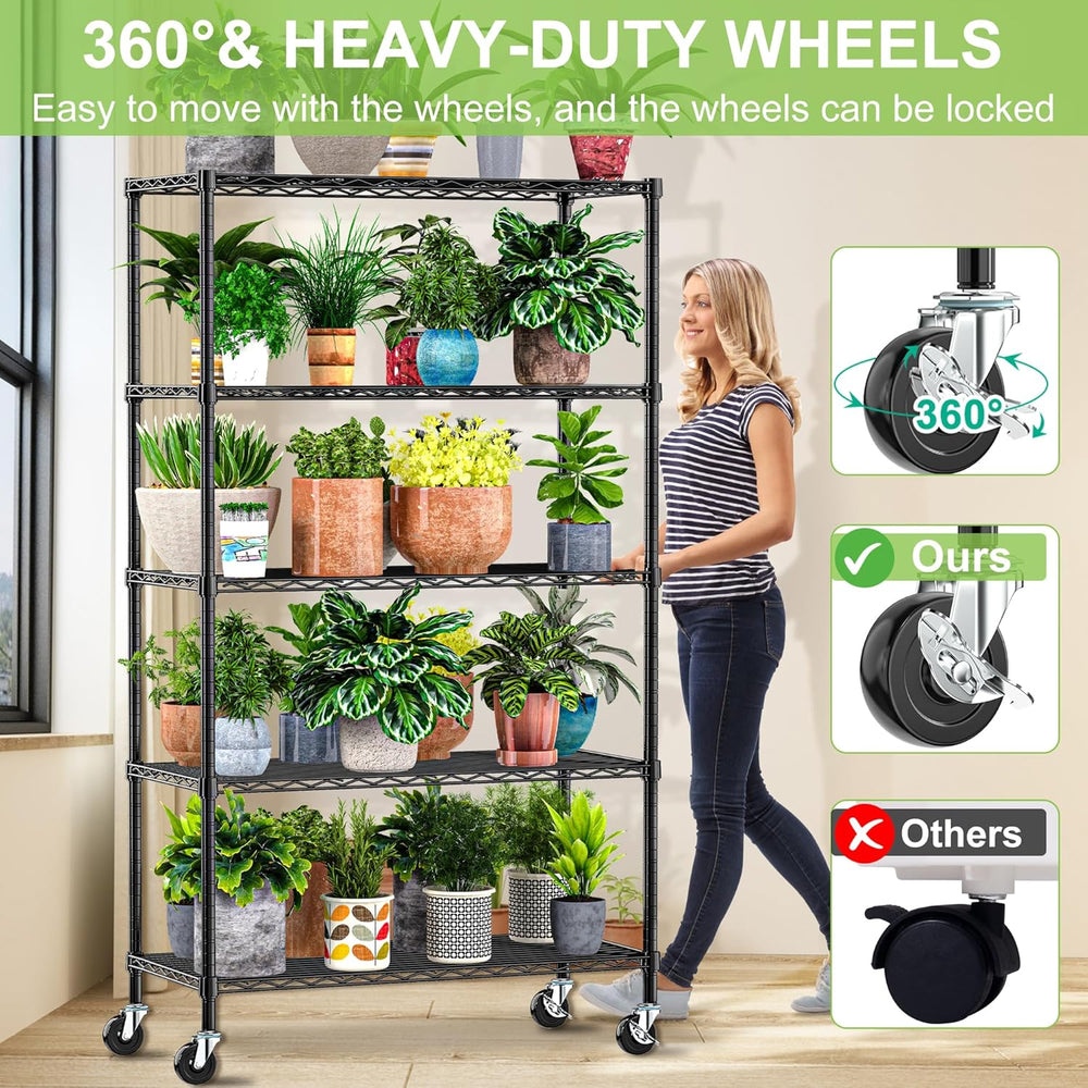 5 Tier Wire Metal Shelving Rack Garage Storage Rolling Shelves with Wheels
