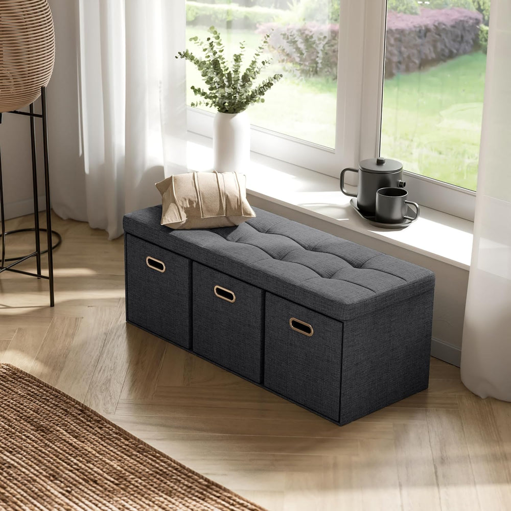 Ornavo Home 40 Inch Storage Ottoman with 3 Drawers, Tufted Linen, Black