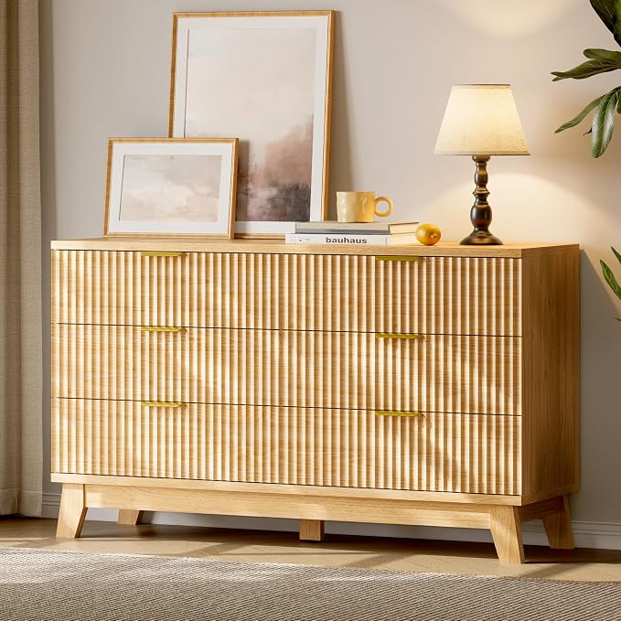 Fluted Dresser with 6 Drawers, Wooden Dresser TV Stand, Wood Closet Clothes