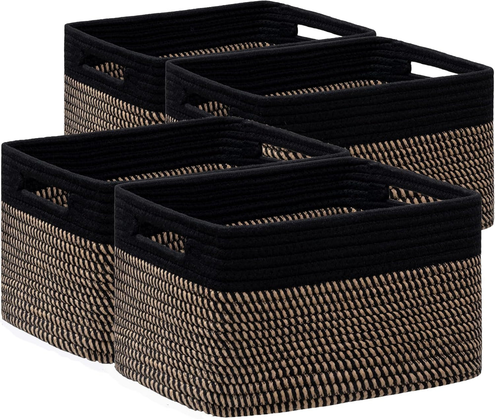 4 Pack Storage Baskets for Organizing, Shelf Baskets with Handles, Black&...