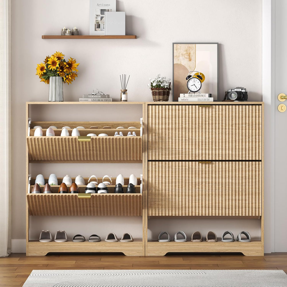 HUANLEGO Shoe Cabinet Storage for Entryway with 2 Flip Drawers, Fluted Shoe C...