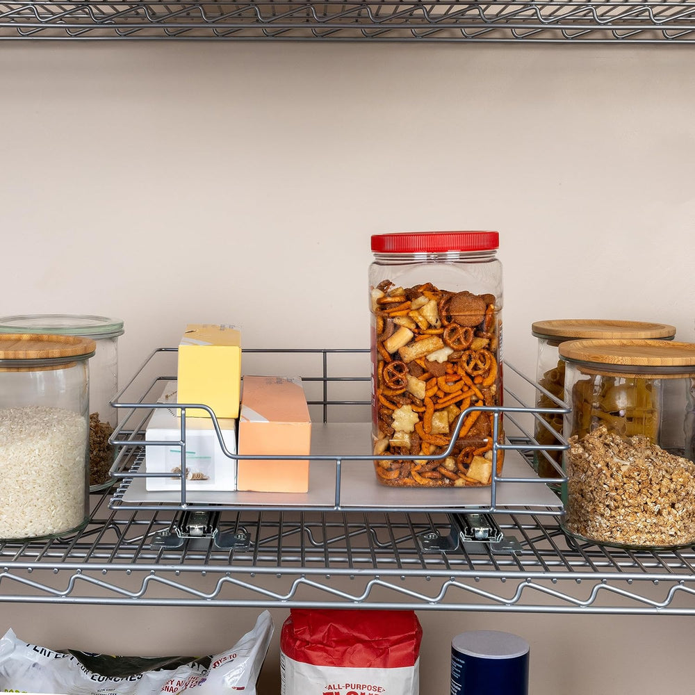 Household Essentials Brushed Steel Pull-Out Pantry Organizer with Plastic Lin...