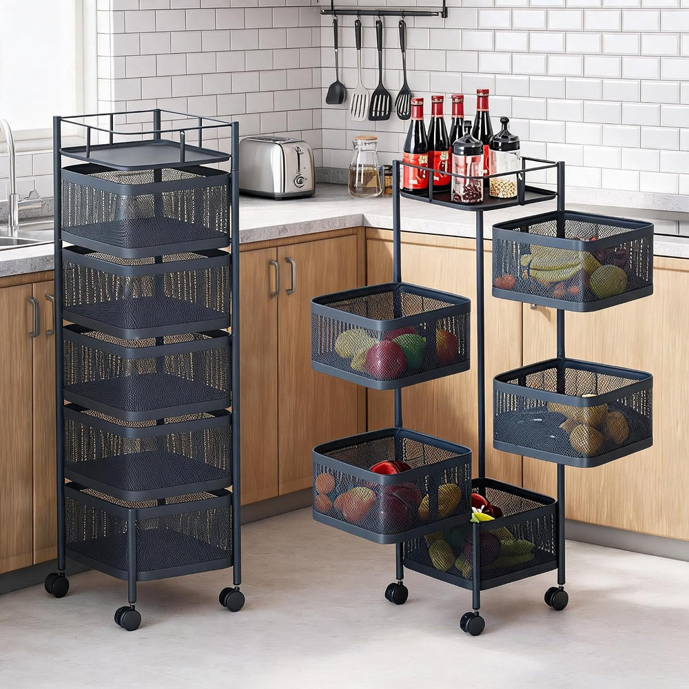 5-Tier Metal Mesh Kitchen Storage Cart with Rotating Baskets, Top Lid, and Wh...
