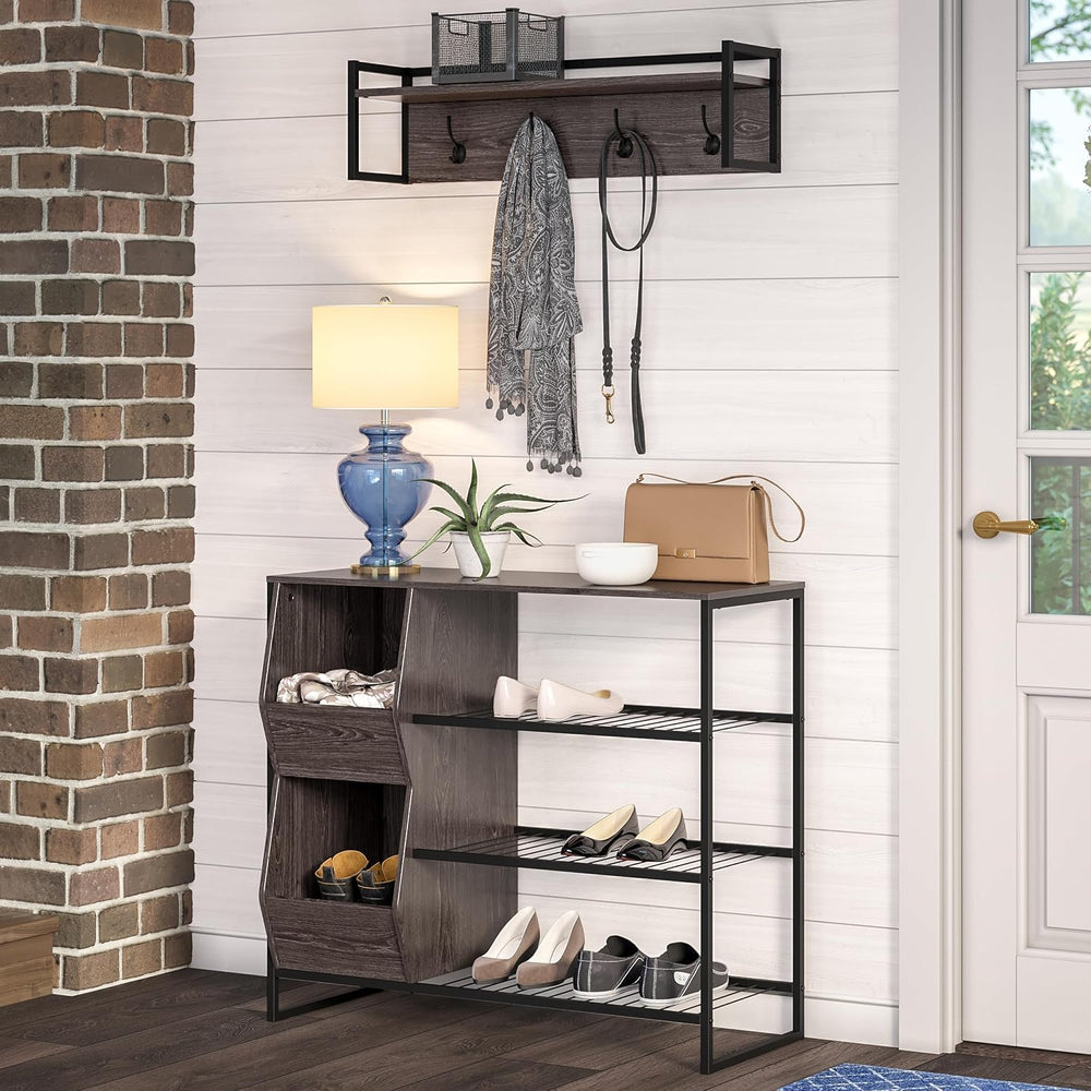 RiverRidge Afton Shoe Storage Organizer, Black Frame + Weathered Woodgrain