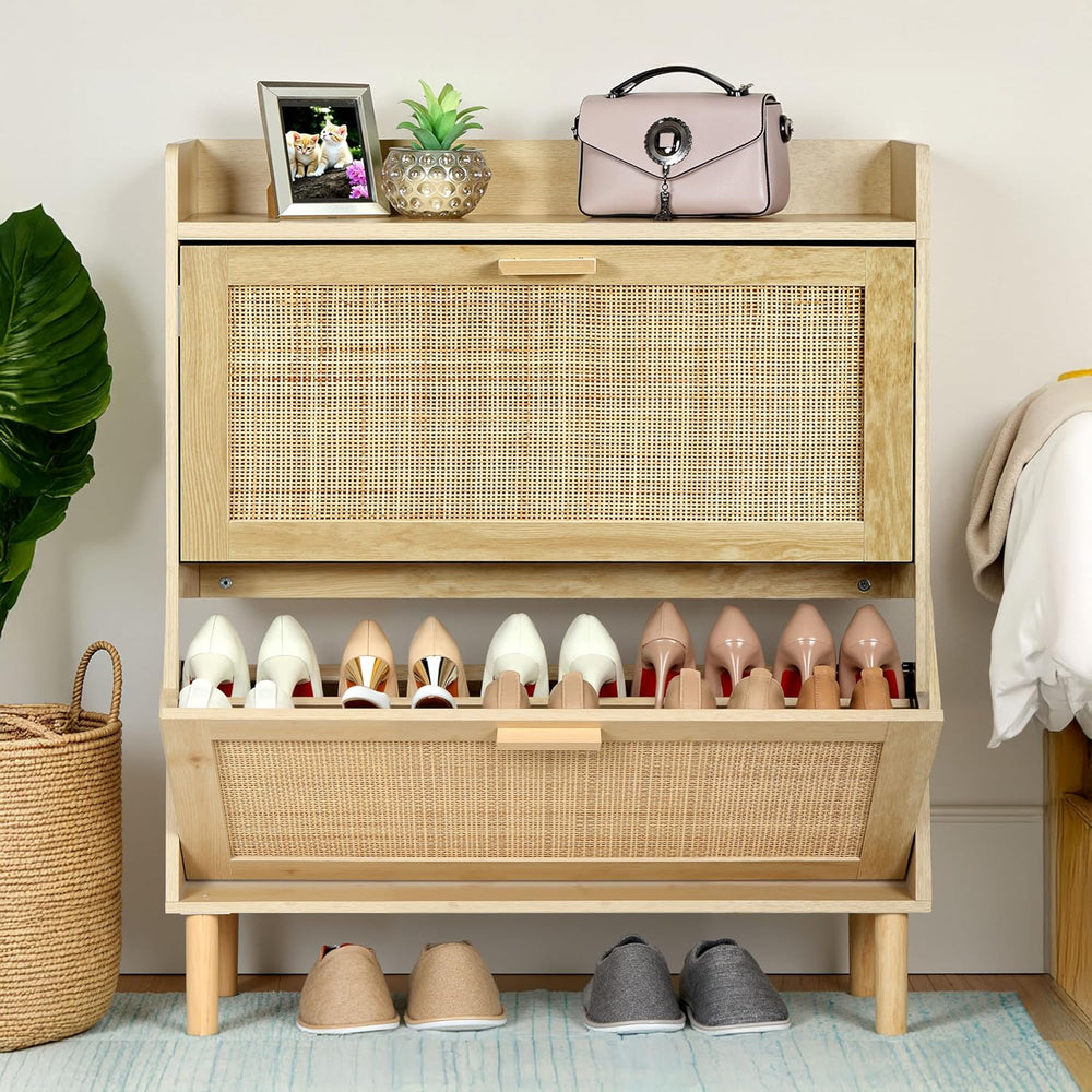 Finnhomy Extended Edition Shoe Cabinet with Natural Rattan Flip Drawers for E...