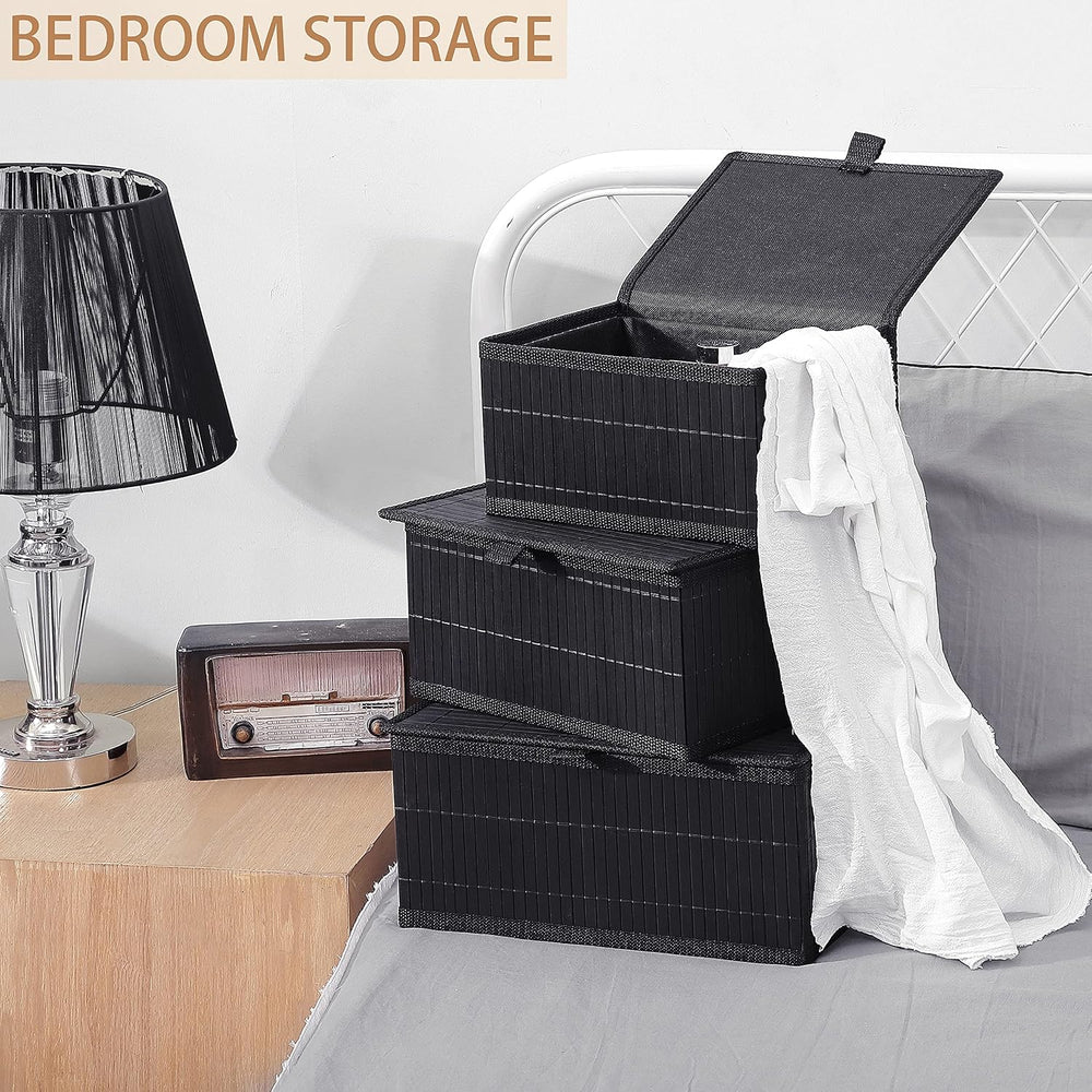Honygebia Bamboo Decorative Storage Boxes - Set of 3 Woven Lined Storage Bask...