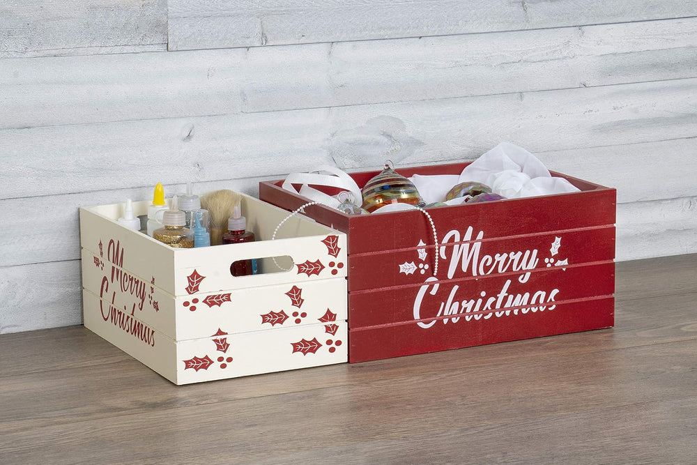Red Co. Set of 2 Red and White Decorative Nesting Wooden Merry Christmas Stor...