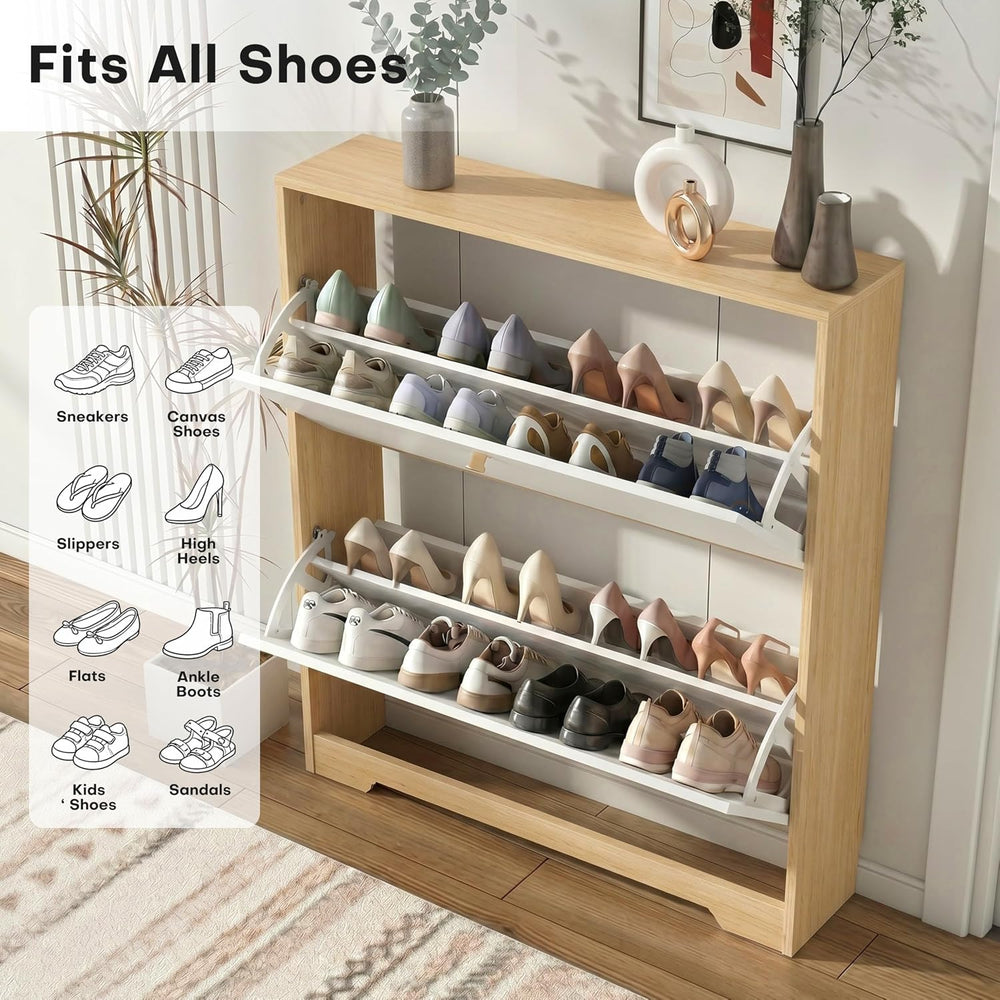 Nicetree Shoe Cabinet with 2 Flip Drawers, Narrow Shoe Organizer Cabinet, Fre...