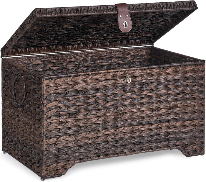 165L Handwoven Wicker Storage Basket with Lid, Large Storage Trunk