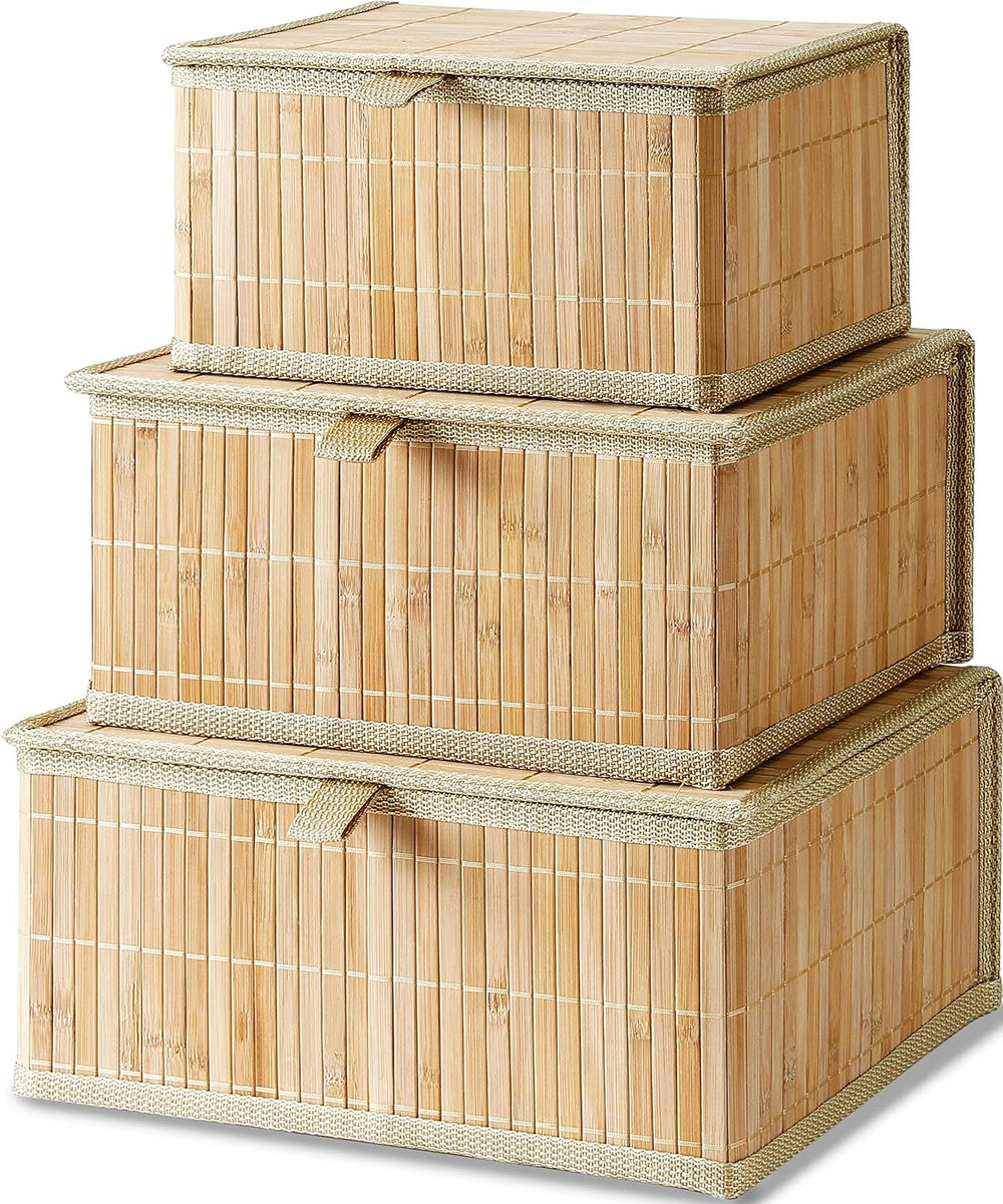 Bamboo Decorative Storage Boxes - Set of 3 Woven Lined Storage Basket with Li...