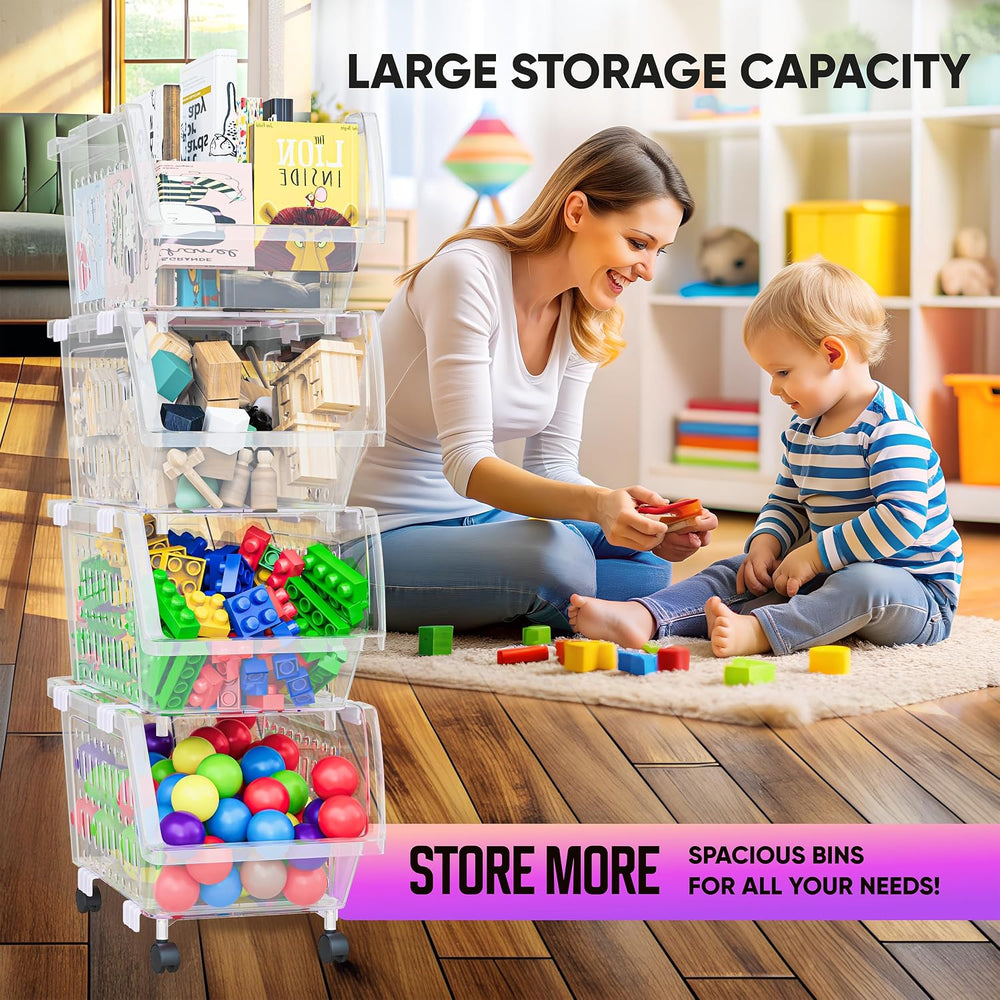 Small Stackable Storage Bins Open Front with Wheels, 4 Pack - Clear
