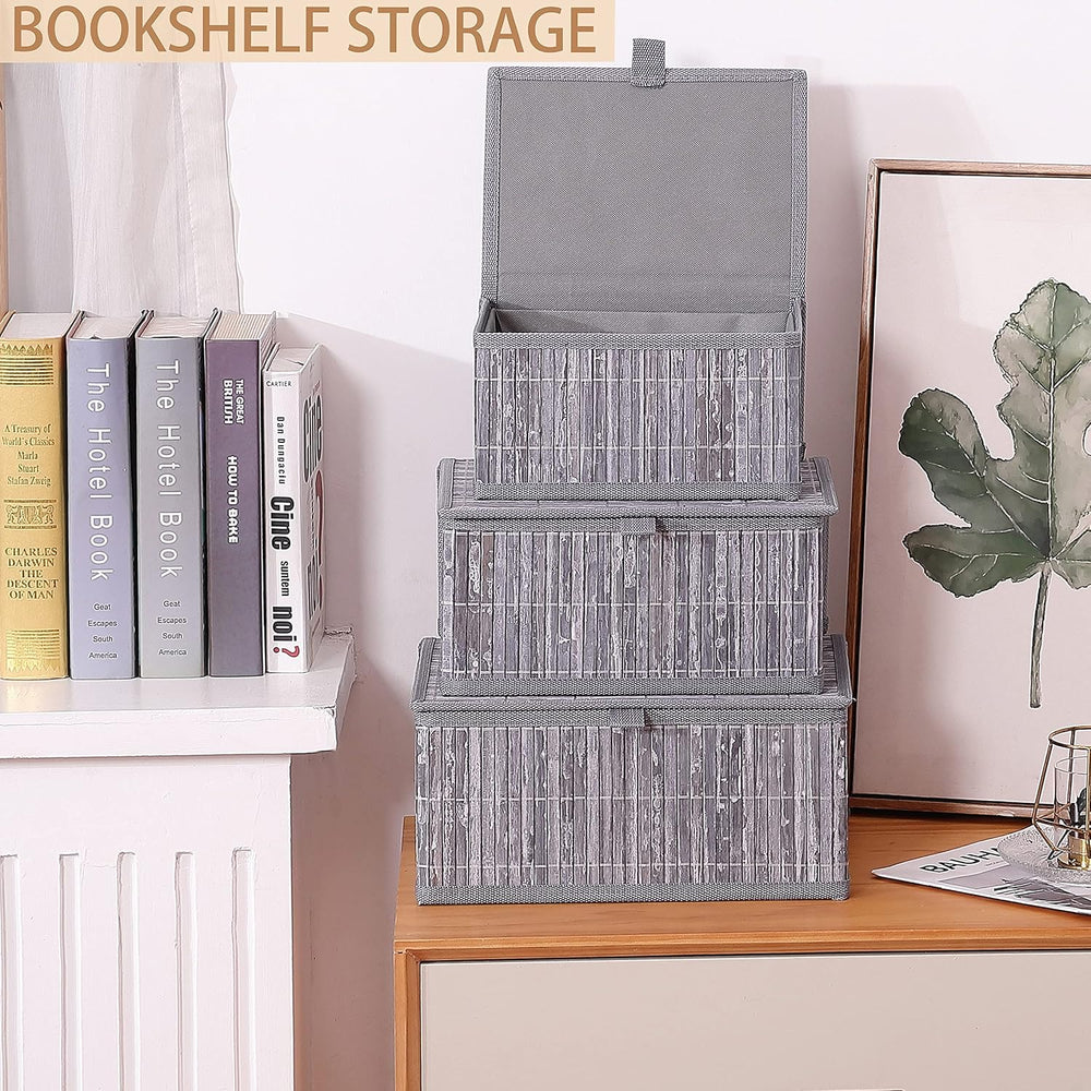 Honygebia Bamboo Decorative Storage Boxes - Set of 3 Woven Lined Storage Bask...
