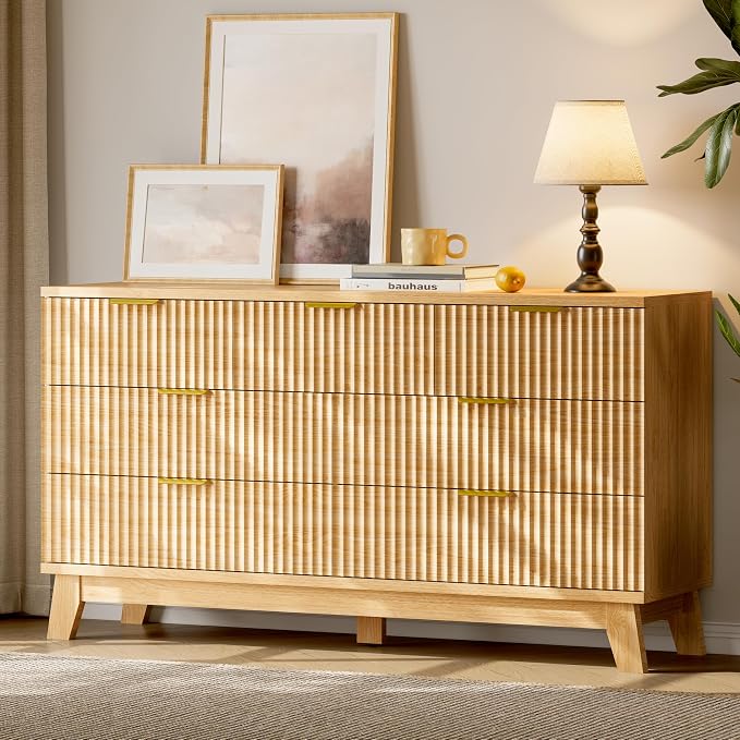 Fluted Dresser with 7 Drawers, Wooden Dresser TV Stand, Wood Closet Clothes