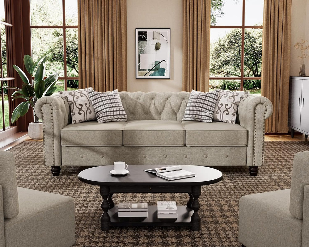 Morden Fort 3 Piece Classic Chesterfield 6-Seater Set, Tufted Chair & Lov...