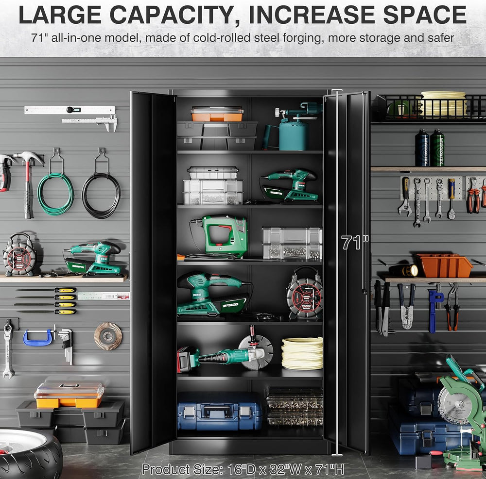 SISESOL Metal Storage Cabinet with 2 Doors and 6 Shelves,Black Metal Cabinet ...