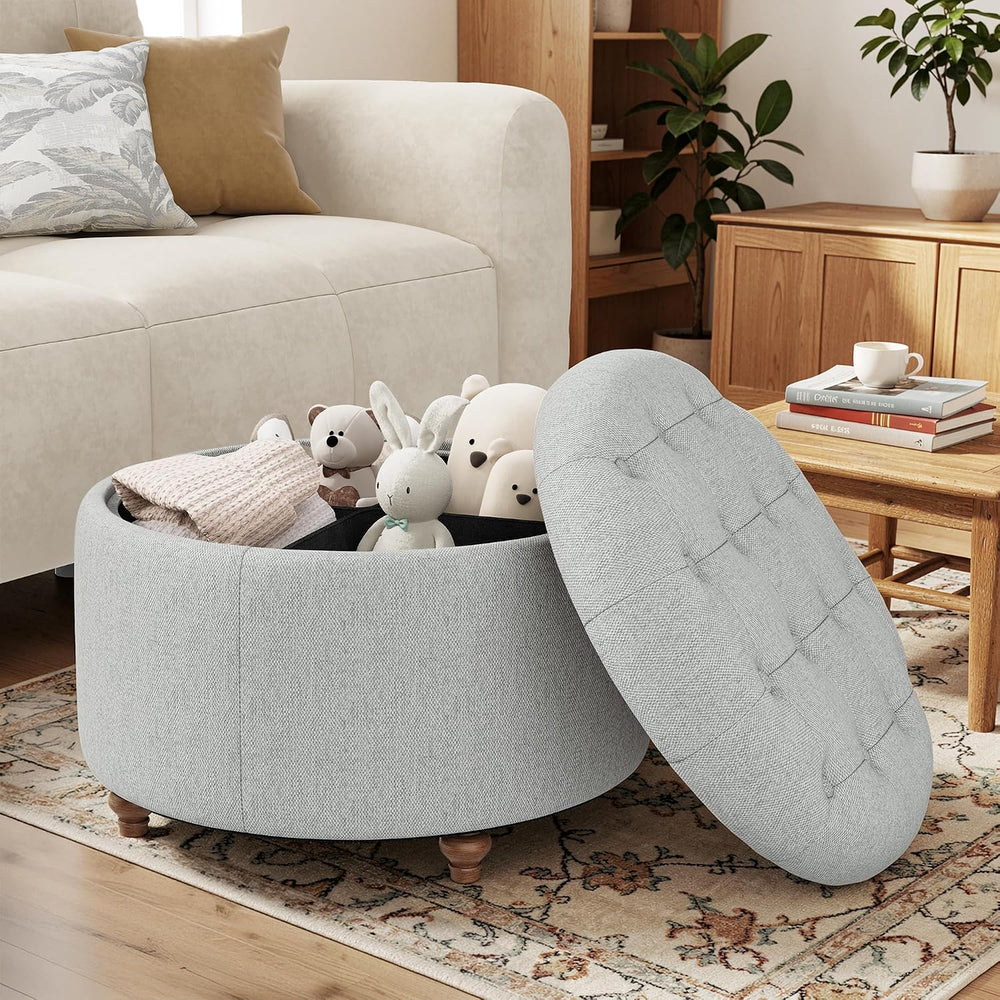 25" Round Ottoman with Storage, Small Coffee Table with Reversible Tray Lid