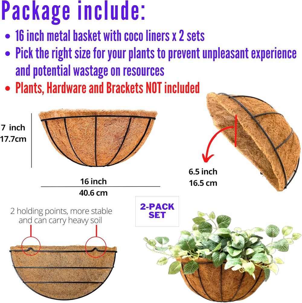 LaLaGreen Large Wall Planter (16 in, 2 Pack) Coco Liner Flower Baskets