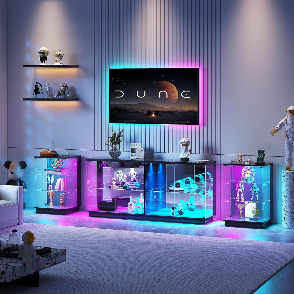 HNEBC Glass Display Cabinet with USB Charging Station&LED Lights,Black
