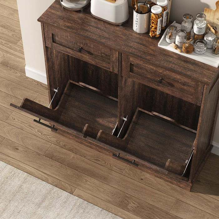 13 Gallon Double Tilt-Out Trash Can Cabinet, Farmhouse Hidden Garbage Wooden Bin Cabinet with 2 Drawers, Brown