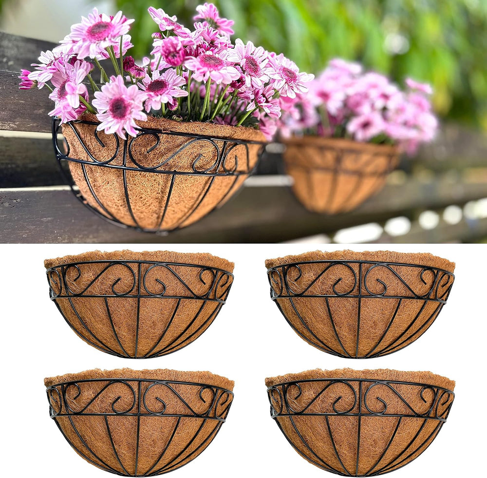 LaLaGreen Wall Planter (16 in, 4 Pack) Black Coco Liner Fence Flower Pots
