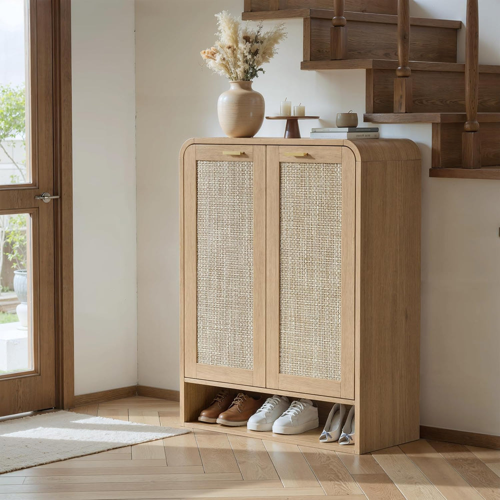 Evermagin 41 Inch Rattan Shoe Storage Cabinet Holds 24 Pairs, Natural Oak