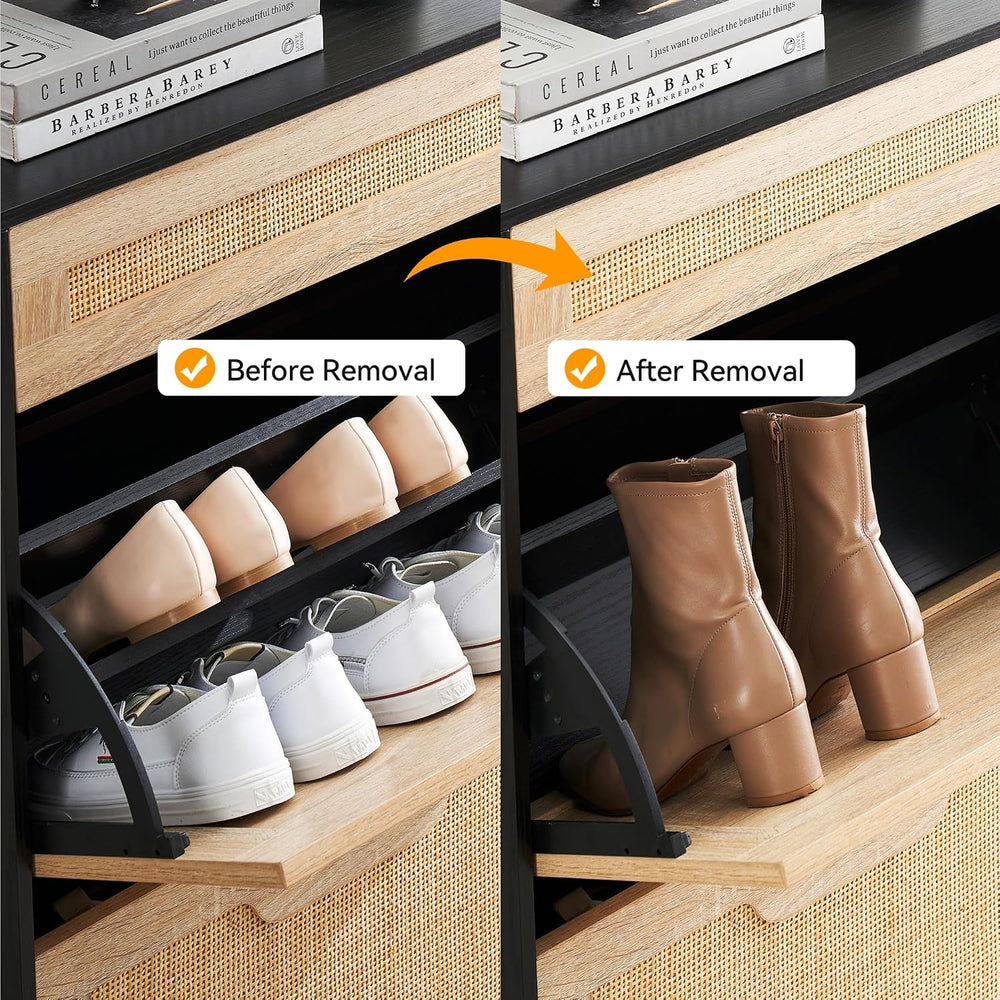 GAOMON Natural Rattan 2 Flip Door with 1 Drawer Shoe Rack Storage Cabinet, Sh...