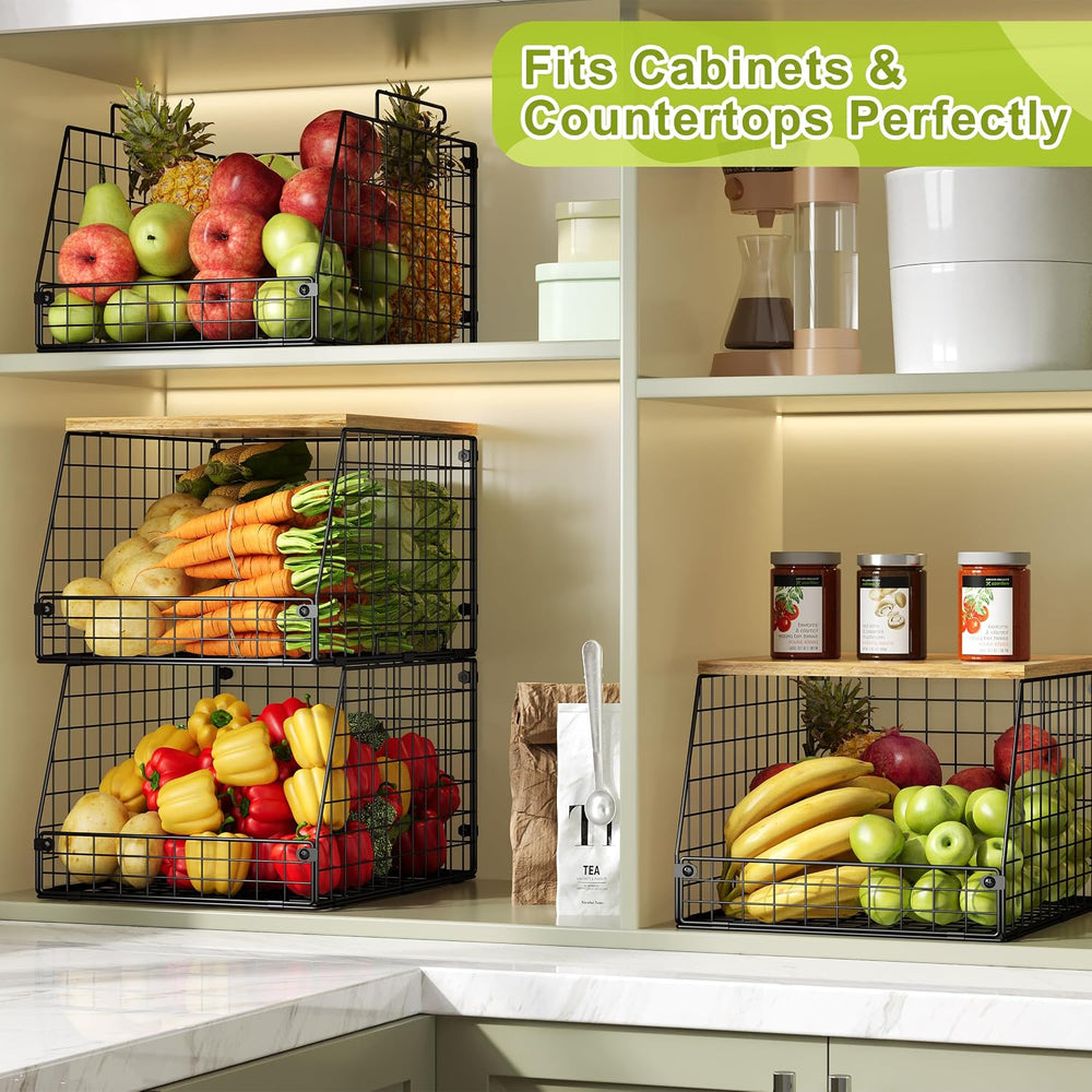 Jakyitvi 4 Pack Stackable Wire Baskets with Fixed Wooden Top, Vegetable Fruit...