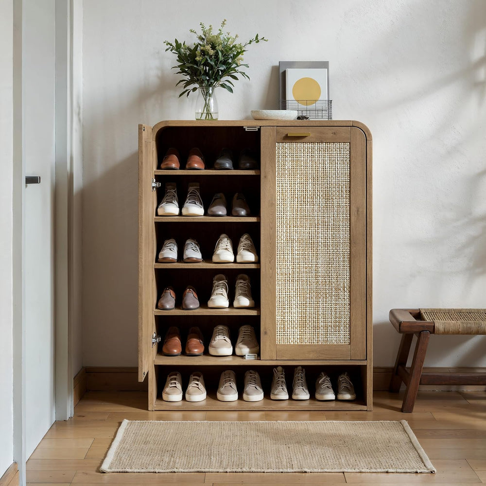 Evermagin 41 Inch Rattan Shoe Storage Cabinet Holds 24 Pairs, Caramel Oak