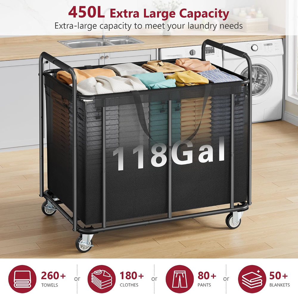 Tajsoon Large Laundry Cart with Wheels 450L, Rolling Laundry Hamper, Black