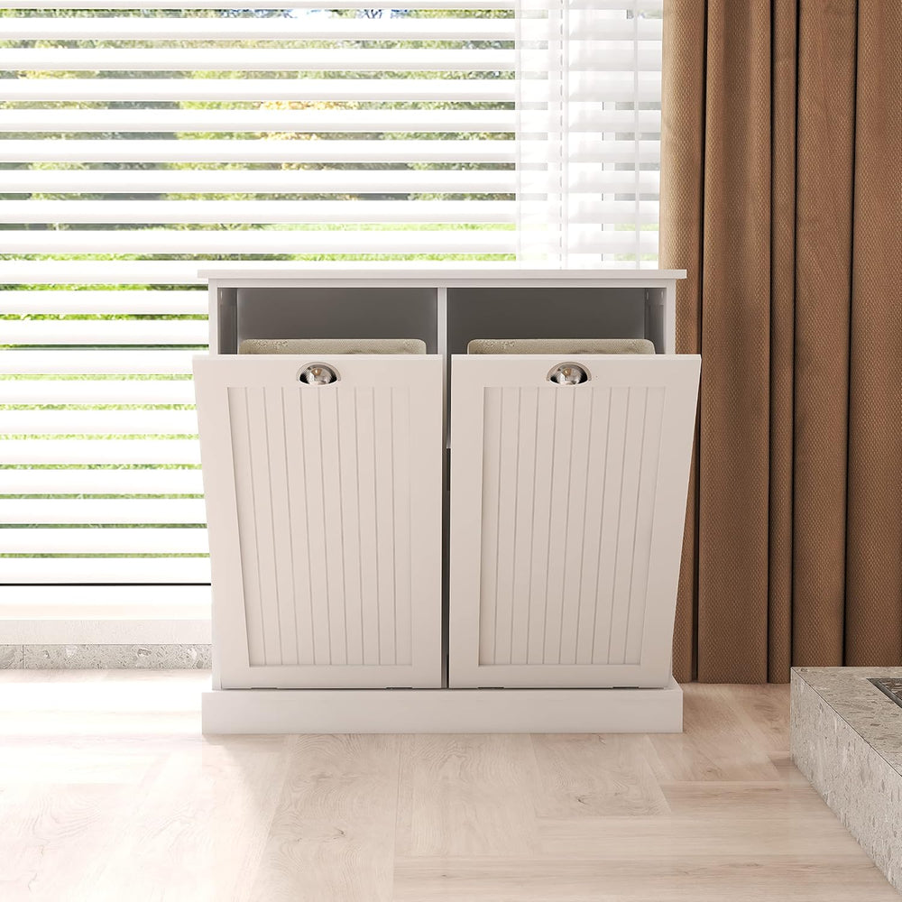 RASOO Double Tilt Out Trash Cabinet White Free Standing Laundry Sorter Cabine...