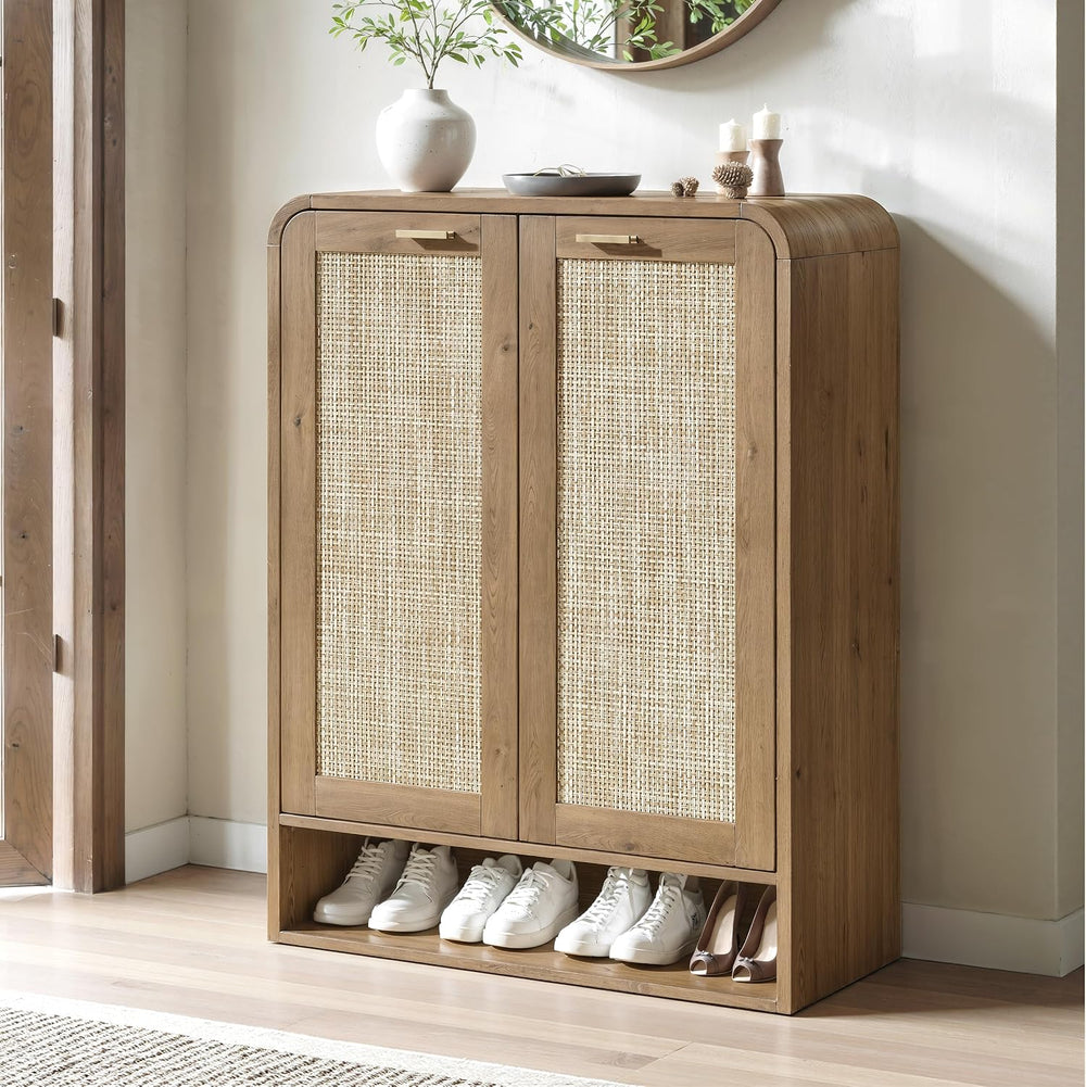 Evermagin 41 Inch Rattan Shoe Storage Cabinet Holds 24 Pairs, Caramel Oak