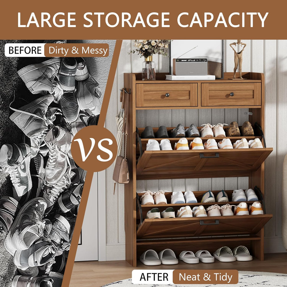 Shoe Cabinet with 2 Flip Drawers & 2 Top Drawers, 43" Tall Freestand...