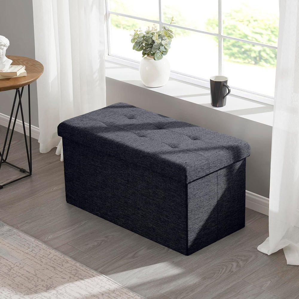 Ornavo Home 30 Inch Folding Storage Ottoman Bench, Tufted Linen, Black