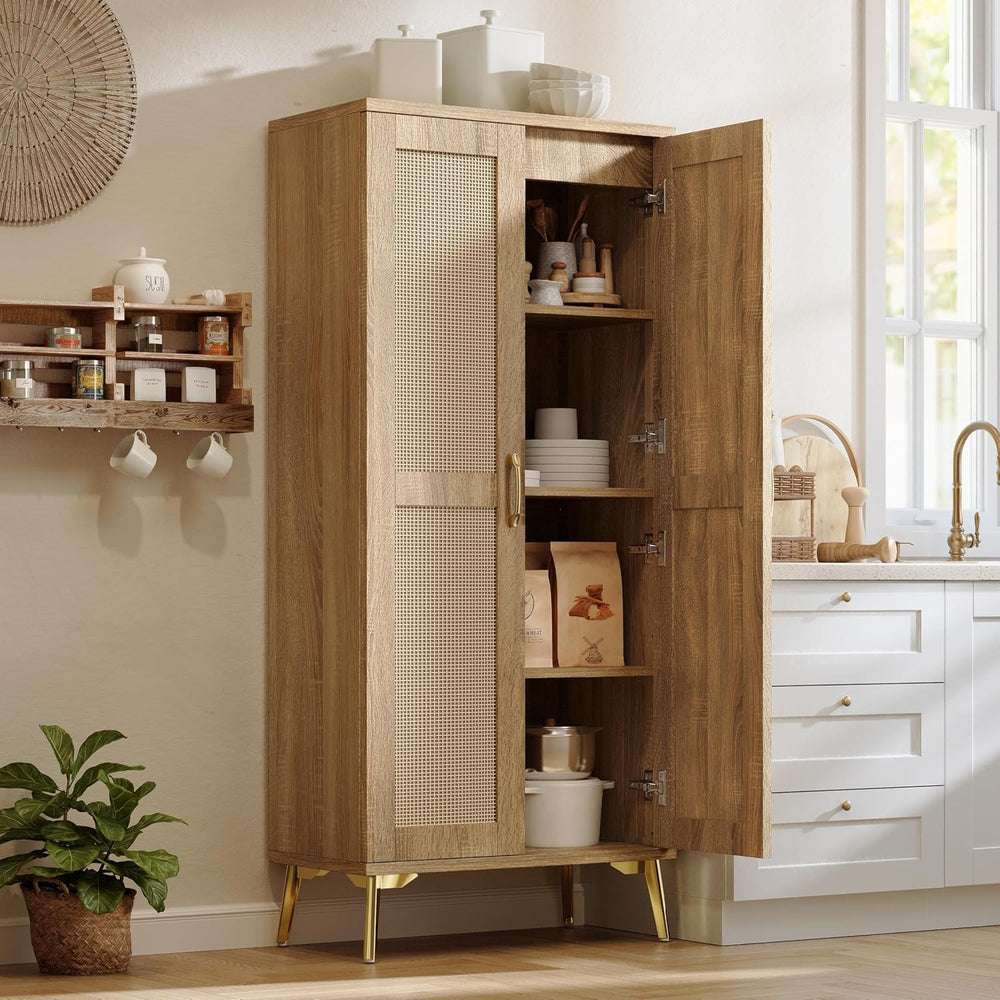 JASIWAY Tall Bathroom Storage Cabinet 57" Rattan Pantry Cabinet, Wood