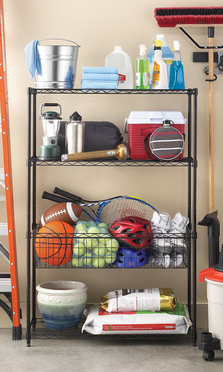 Whitmor 4-Wire Shelving Unit, Metal Storage Shelves with Basket, Easy Assembl...