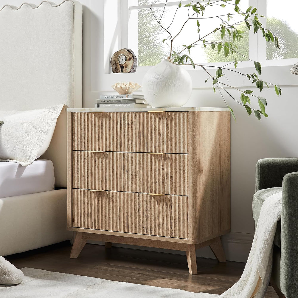 T4TREAM 32" Tall Fluted 3 Drawer Dresser for Bedroom, Natural Oak