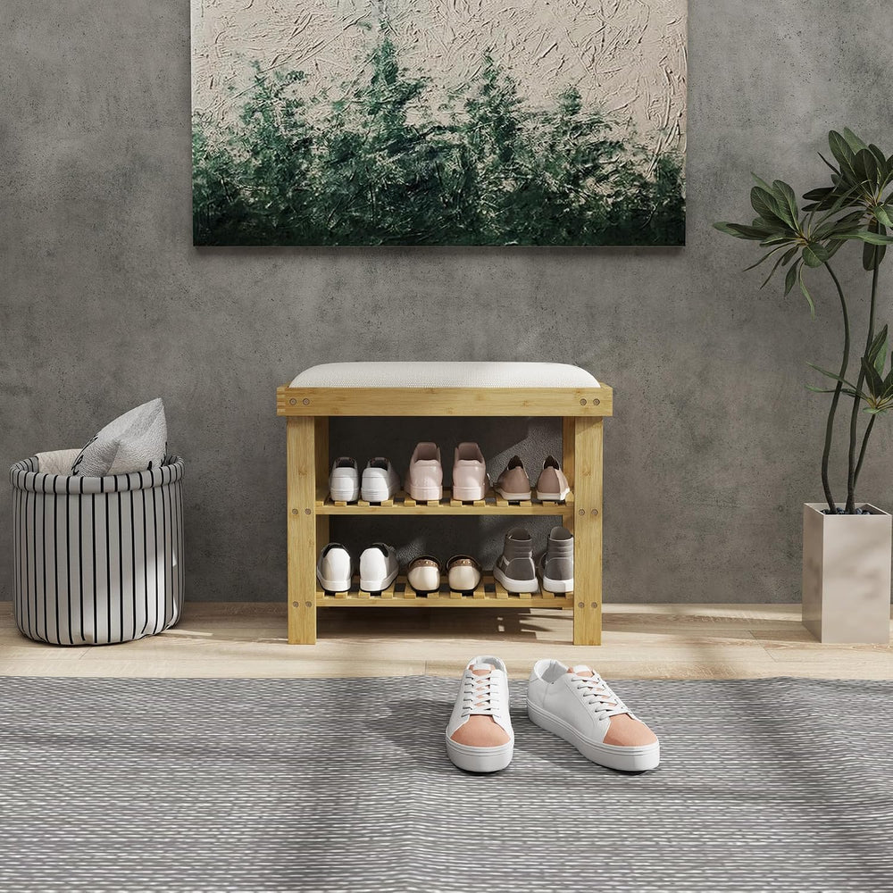 HOMCOM Small Bamboo Shoe Bench 3-Tier Storage 23.6" x 11.4" x 19.3&...