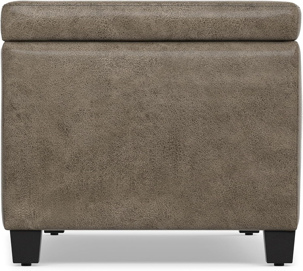 SIMPLIHOME Avalon 48" Wide Vegan Leather Storage Ottoman in Grey Brown