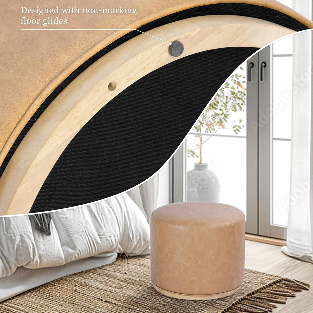 Spatial Order 22" Round Ottoman with Wooden Base - Sand Faux Leather