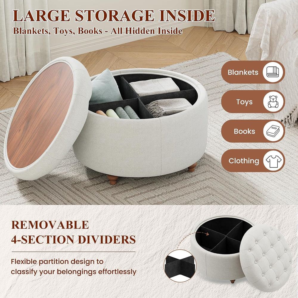 25Inch Round Storage Ottoman, Small Round Ottoman Coffee Table with Storage