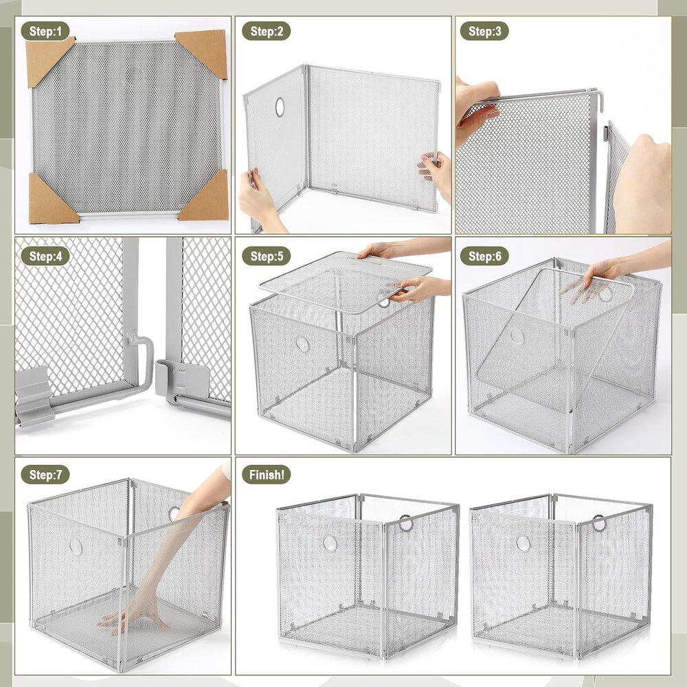 2 Pcs Foldable Metal Cube Storage Baskets, 13x13in, Grey