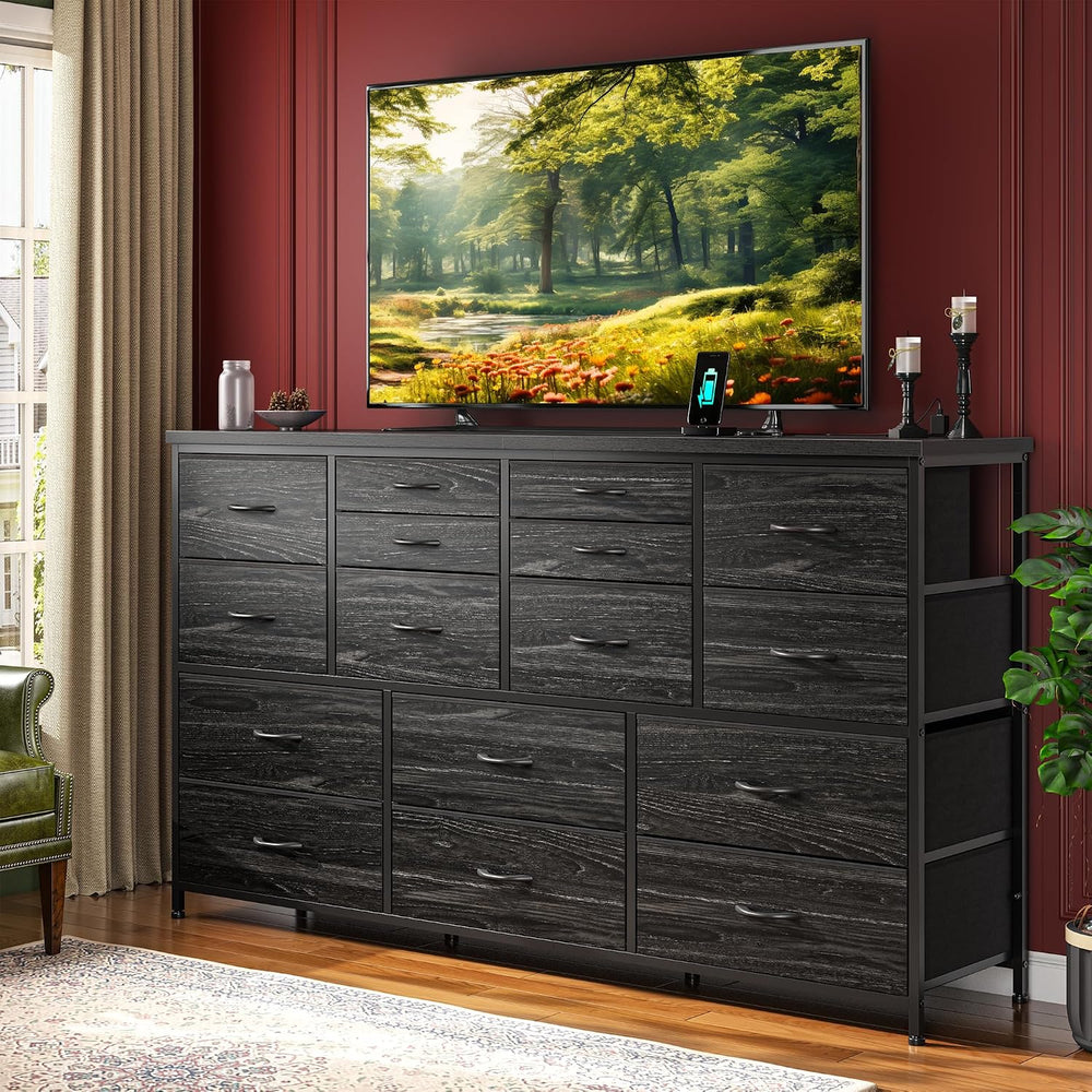 Romorgniz Long Dresser with 16 Fabric Drawers, TV Stand & Charging Station