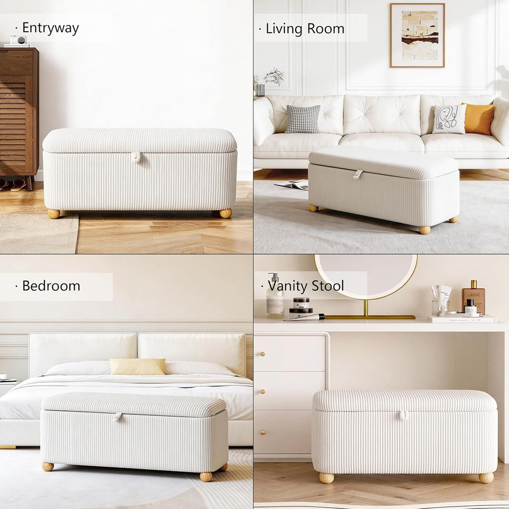 Homebeez 39” Corduroy Storage Ottoman Bench with Hinged Lid & Handle