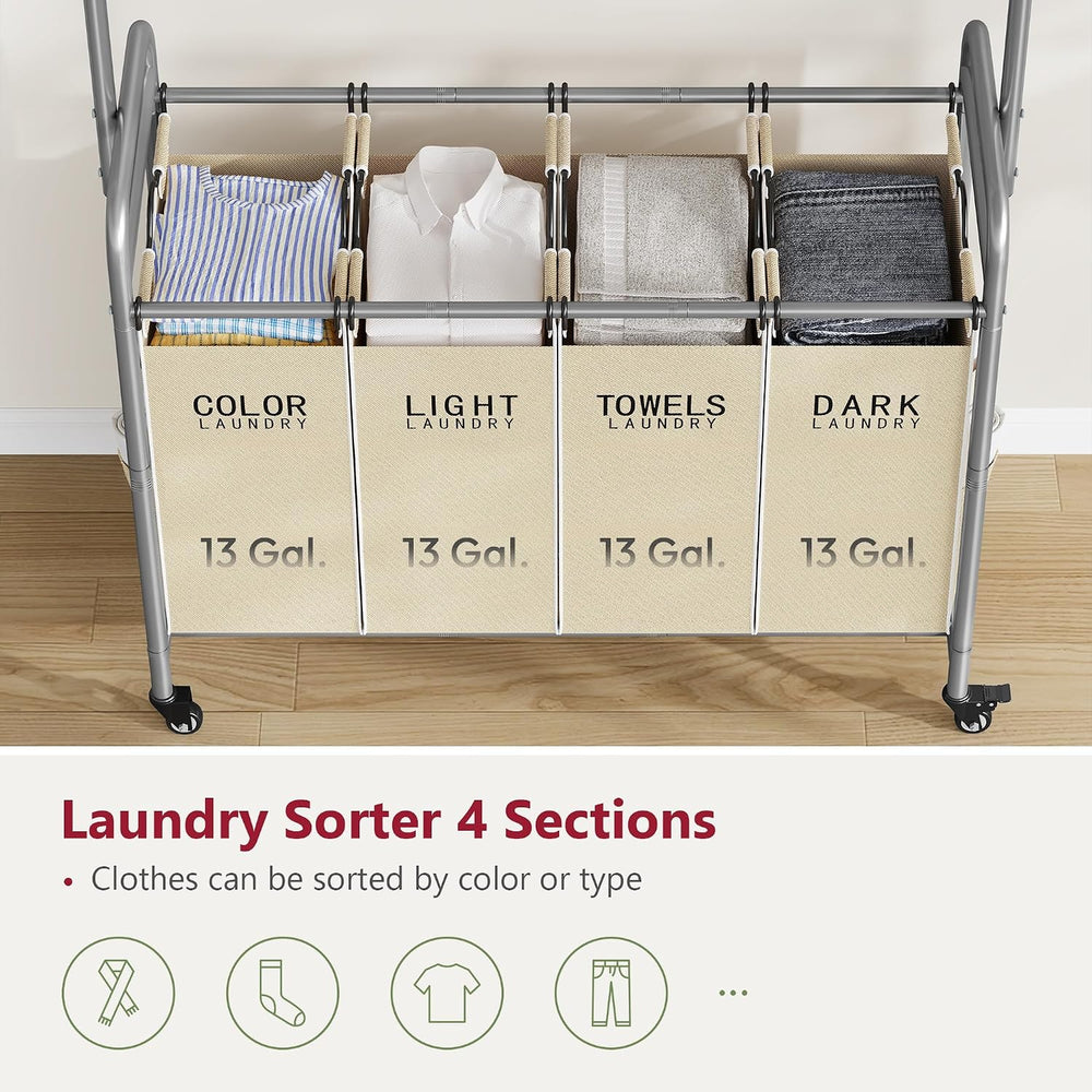Tajsoon Laundry Hamper with Hanging Rack, Laundry Sorter 4 Sections, Beige